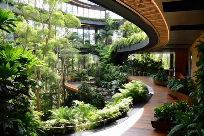 Projeto de paisagismo integrado à arquitetura comercial, destacando a presença abundante de folhagens para promover um ambiente natural, acolhedor e sustentável